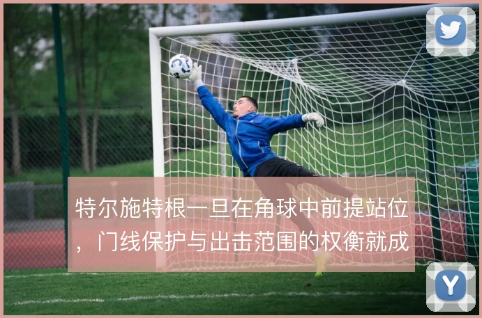 特尔施特根一旦在角球中前提站位，门线保护与出击范围的权衡就成常态